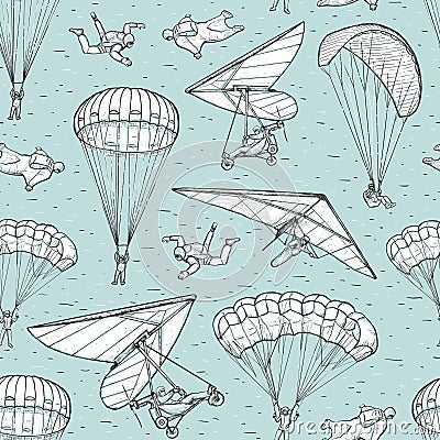 Extreme sports sketch seamless vector pattern on blue background. People performing parachuting, hang glider, wingsuit flying and Vector Illustration